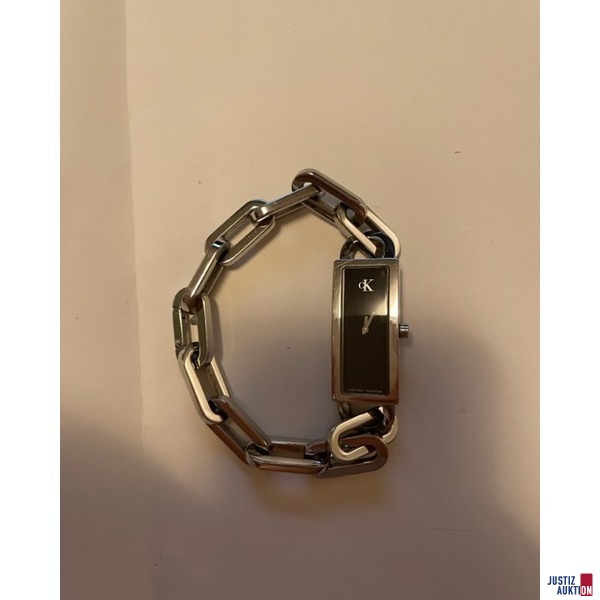 Silberfarbene Damenarmbanduhr „Calvin Klein“ kettenförmiges Armband