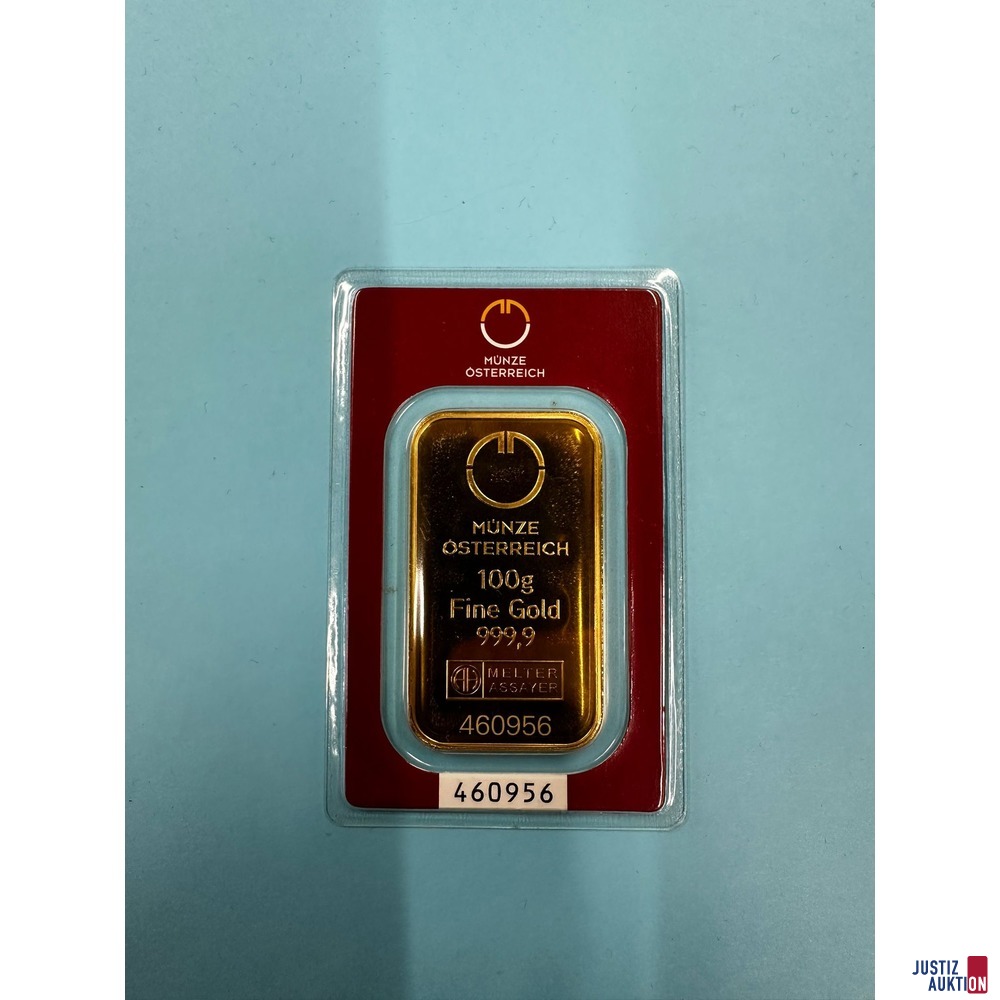 Goldbarren 100 g Fine Gold 999&comma;9 &lpar;MELTER ASSAYER&rpar;&nbsp;Nr&period; 460956