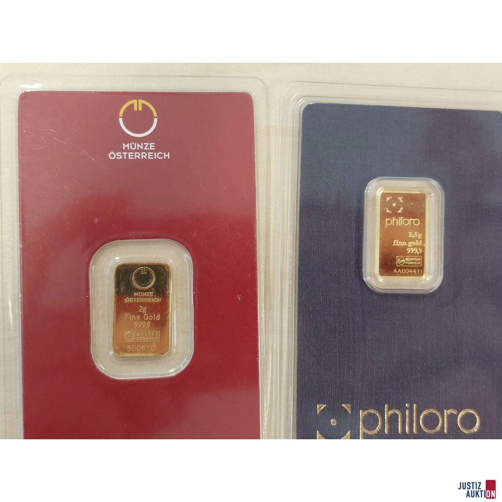 2 Goldbarren 1x2g Münze Österreich 999,9 ‰ 1x2,5g philoro 999,9‰