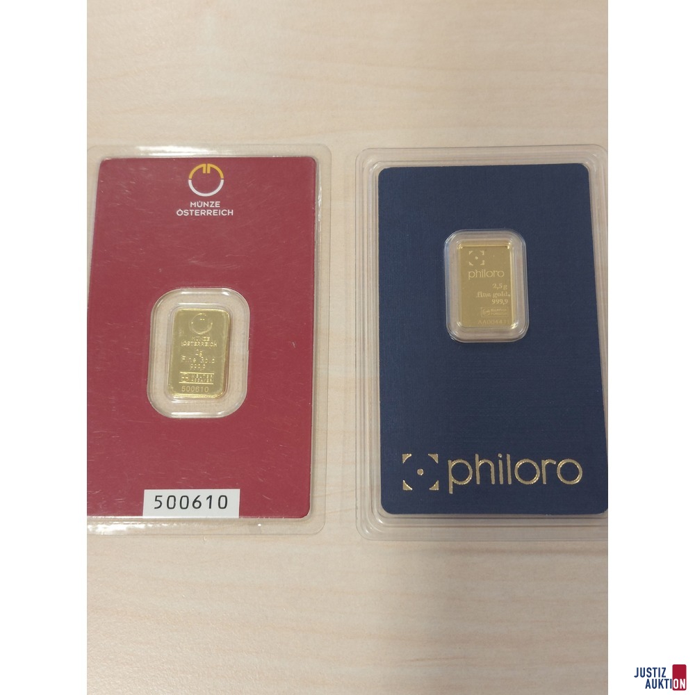 2 Goldbarren 1x2g Münze Österreich 999,9 ‰ 1x2,5g philoro 999,9‰