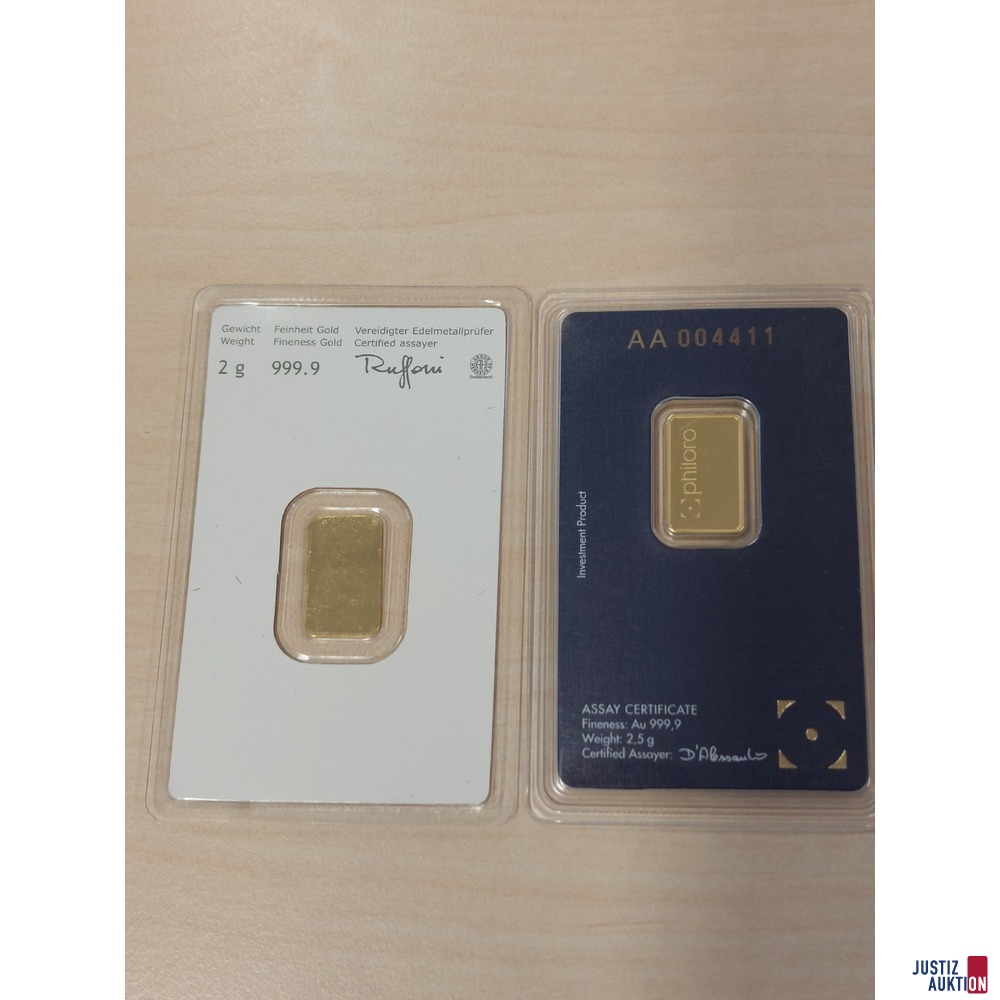2 Goldbarren 1x2g Münze Österreich 999,9 ‰ 1x2,5g philoro 999,9‰