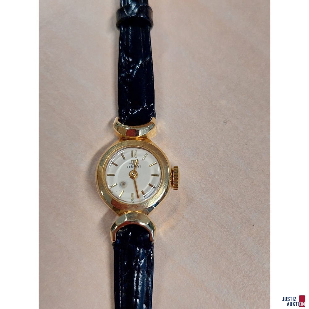 Damenarmbanduhr der Marke Tissot Geh&auml;usematerial&colon; 18 Karat Gelbgold&comma; 3&comma;5g Netto Geh&auml;usedurchmesser&colon; 16mm Uhrwerk&colon; Handaufzug Zustand&colon; funktionst&uuml;chtig&comma; ohne Gew&auml;hr auf Dauerfunktion