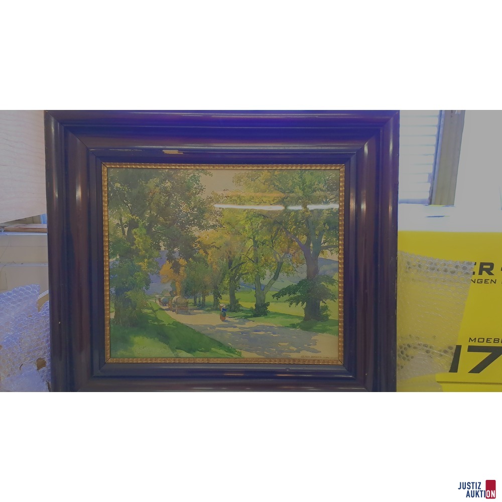 Pferdewagen und Bäuerin auf einer Straße Aquarell auf Papier
