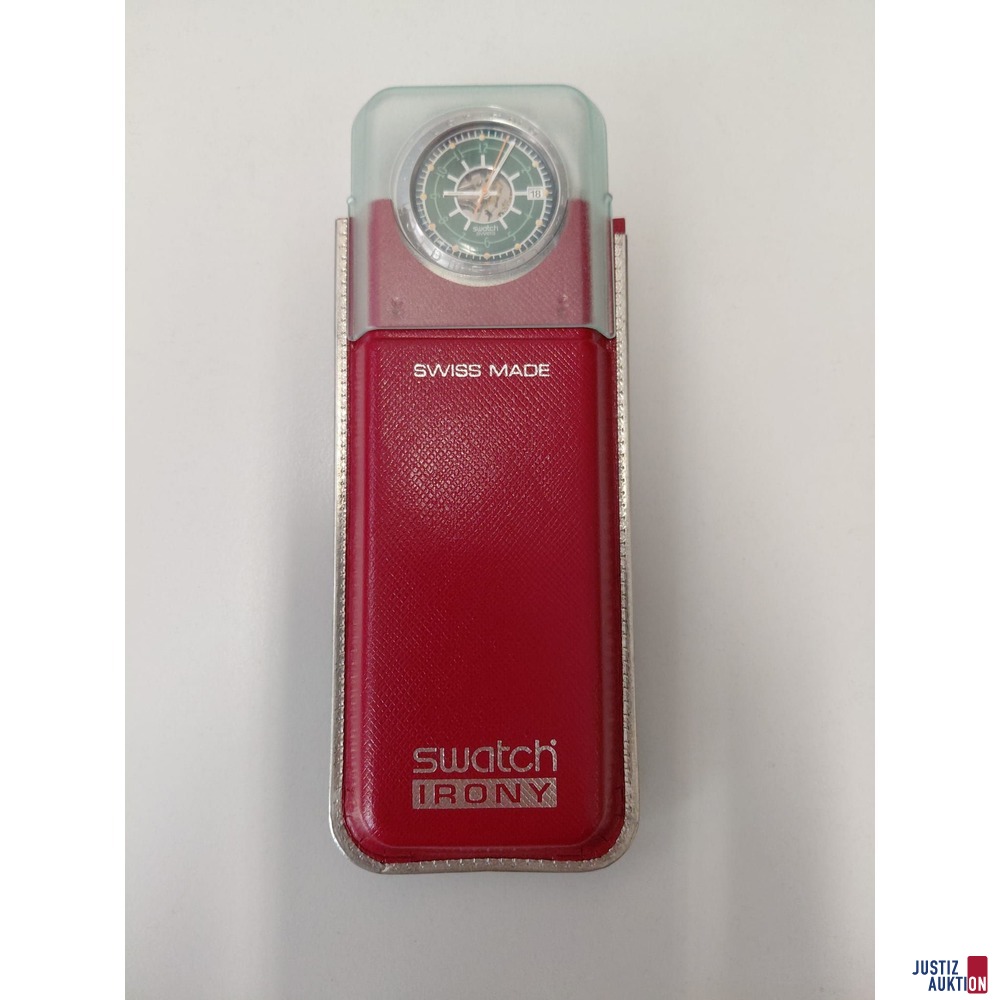 Swatch Irony Aluminium mit H&uuml;lle&comma; Lederband&comma; Batteriebetrieben