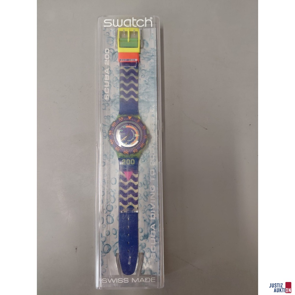 Swatch Scuba mit H&uuml;lle&comma; Modell S 206&comma;  Batteriebetrieben&comma; Plastikband