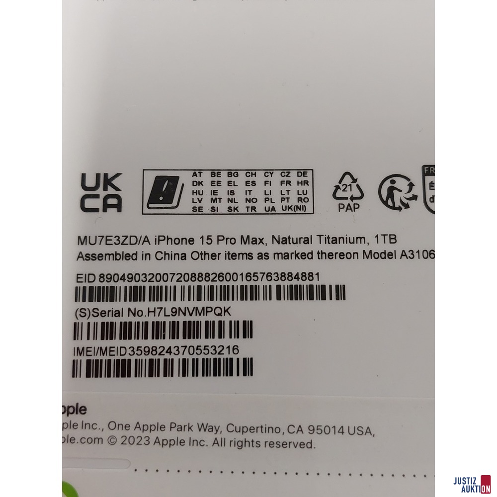 Handy der Marke Apple iPhone 15 Pro Max&comma; 1 TB Natural Titanium IMEI&colon; 359824370553216 in Originalverpackung &ndash; verschwei&szlig;t NEU