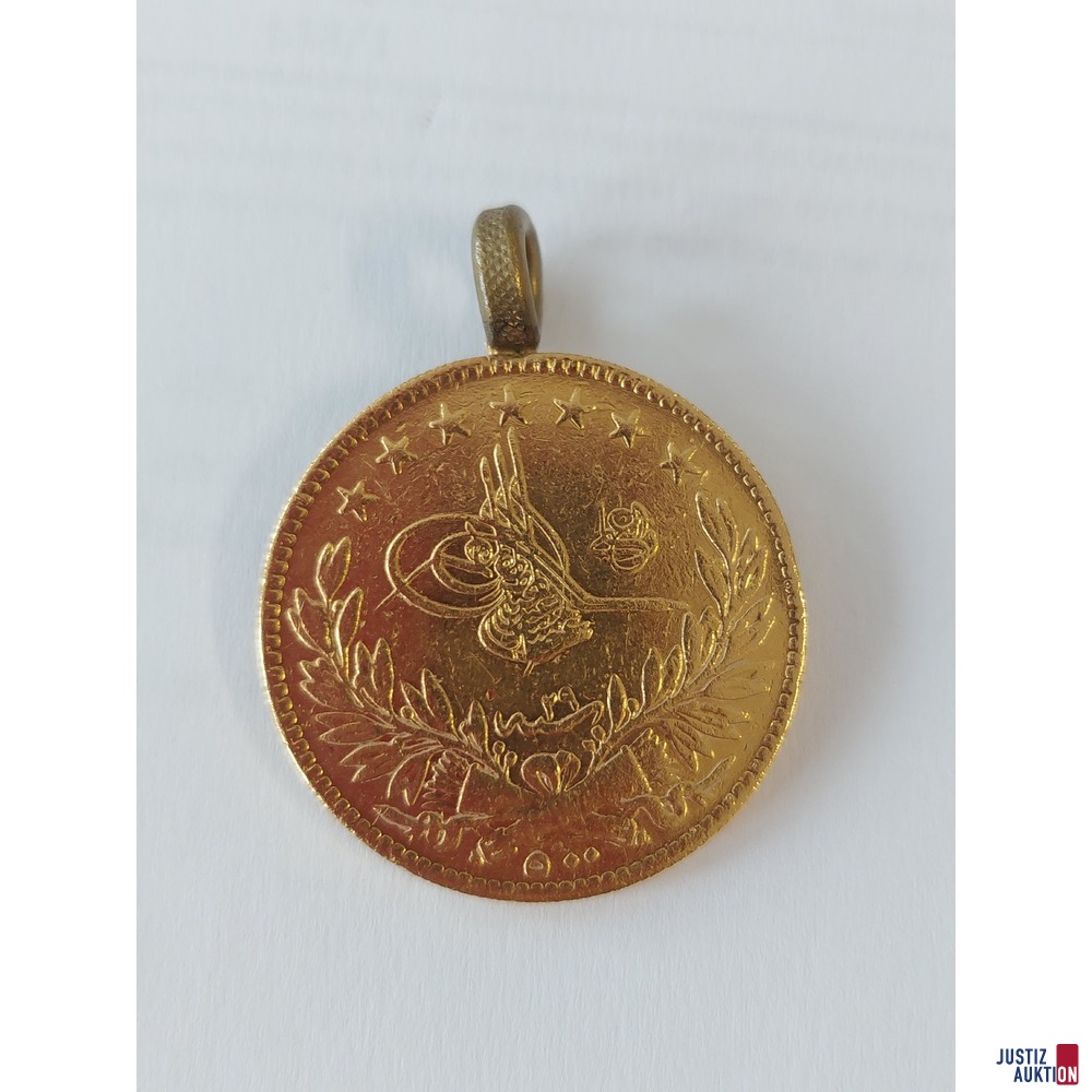 Türkische Goldmünze mit Messingöse 500 Kurush/Piaster