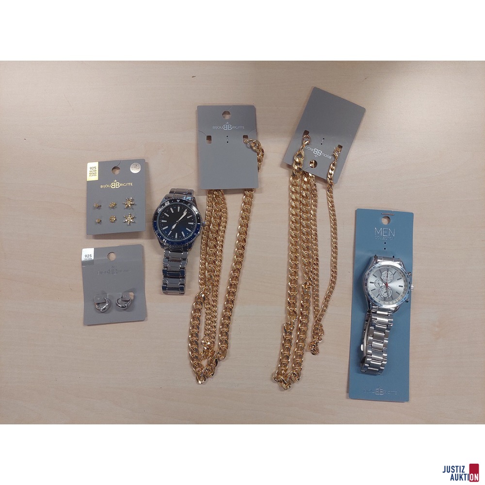 Konvolut von Bijou Brigitte bestehend aus&colon; 2 Armbanduhren 4 vergoldeten Ketten 5 Paar Ohrschmuck vergoldet bzw&period; rhodiniert
