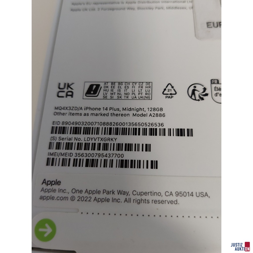 Handy der Marke Apple iPhone 14 Plus Midnight 128GB - Model: A 2886