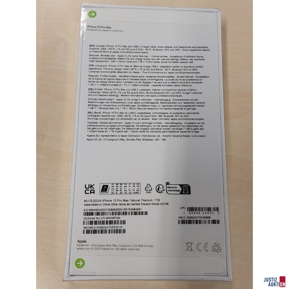 Handy der Marke Apple iPhone 15 Pro Max&comma; 1 TB Natural Titanium IMEI&colon; 359824370553216 in Originalverpackung &ndash; verschwei&szlig;t NEU