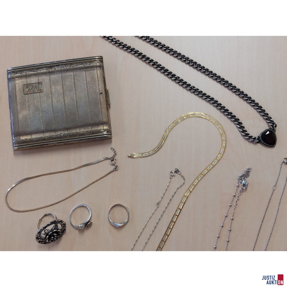 Konvolut an diversen Silberschmuck und 1 Zigarettenetui punziert zusammen 209,1 g