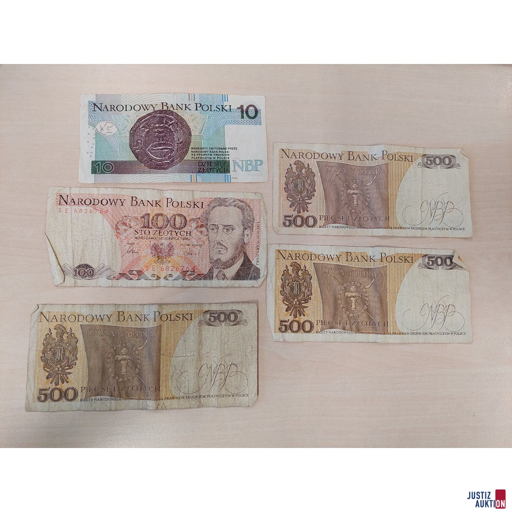 Lot bestehend aus fünf Banknoten Polen im Nominalwert von 1.610,-- Zloty ​​​​​​​stark umgelaufen