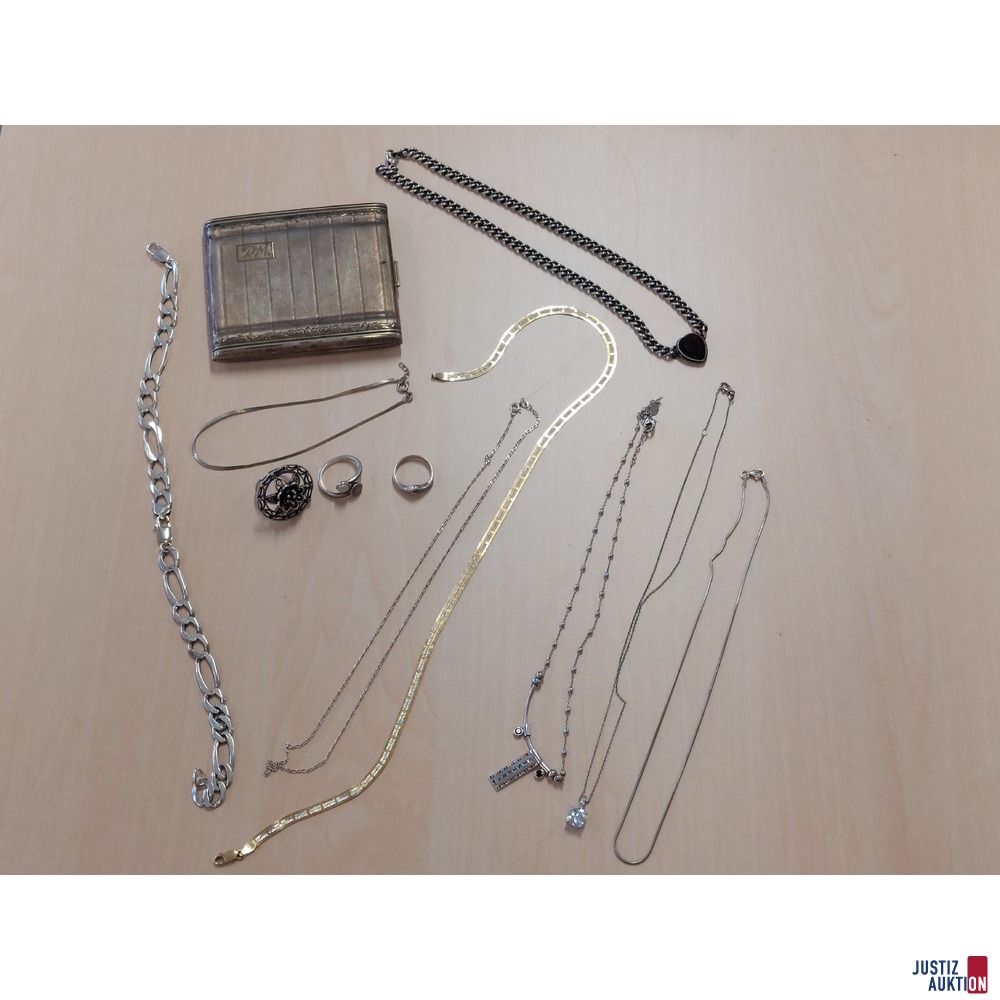 Konvolut an diversen Silberschmuck und 1 Zigarettenetui punziert zusammen 209,1 g