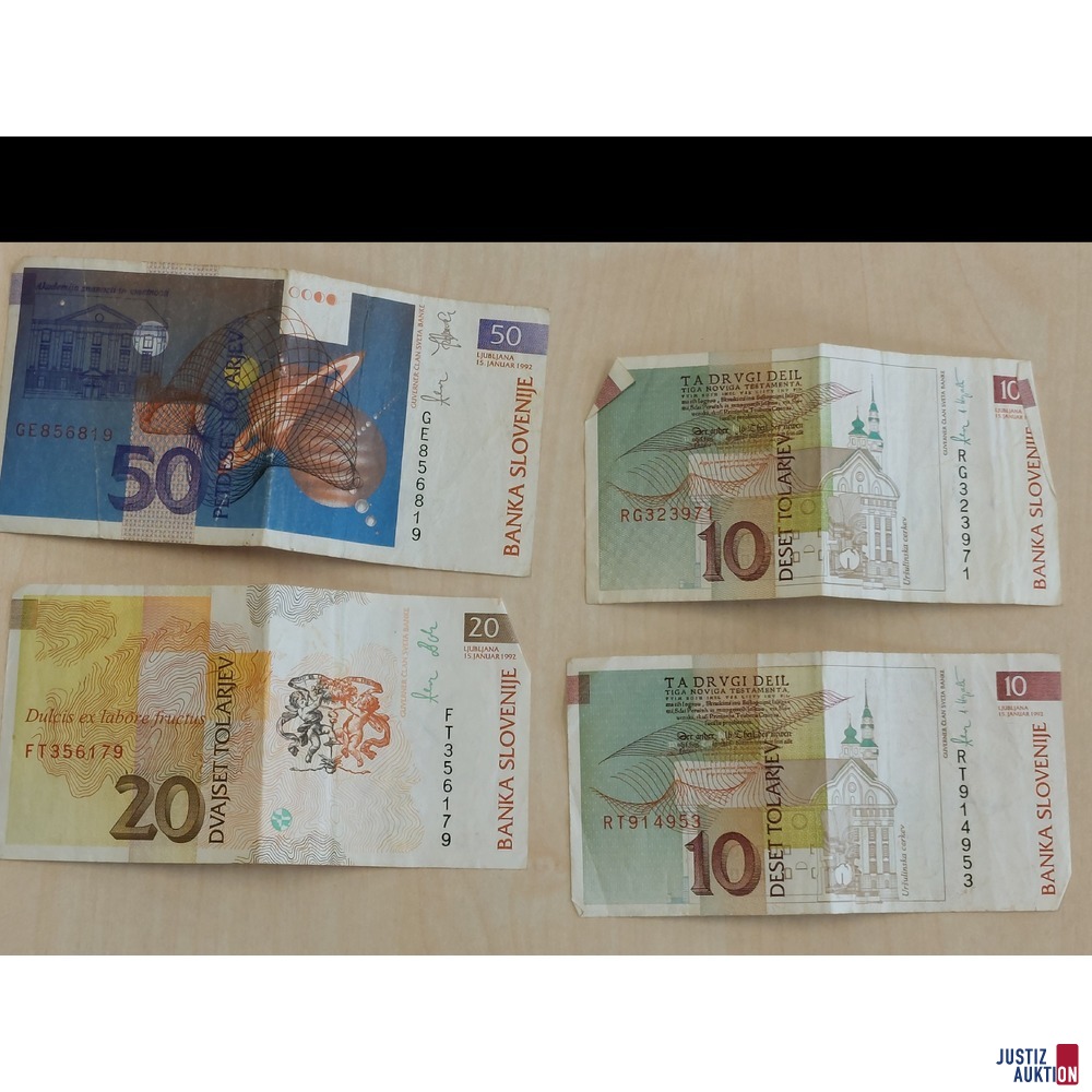 Slowenien 4 Banknoten zu 50, 20 und 2x 10 Tolar