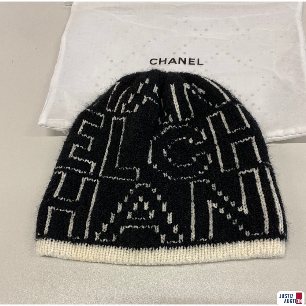 Mütze Chanel Wolle schwarz/beige 52% Cashmere 35% Wolle 13% Seide mit Stoffsackerl - Neu