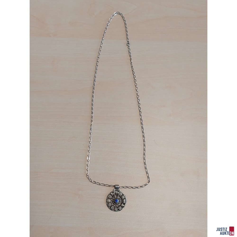 Halskette aus 925 silber mit Anhänger Sternzeichen drehbar mit zentralen blauen Schmuckstein  Amtspunze - Gewicht 25,5 g - Länge 70 cm
