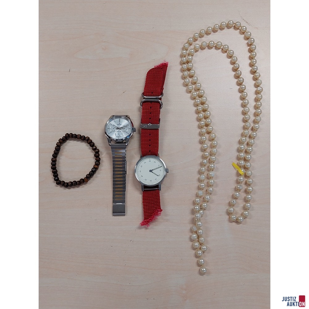 2 Herrenarmbanduhren&comma; Quarz&comma; Batterien leer&comma; Uhren stehen&comma; ohne Gew&auml;hr auf Dauerfunktion 1 Perlenkette unecht&comma; defekt 1 Armband Holz