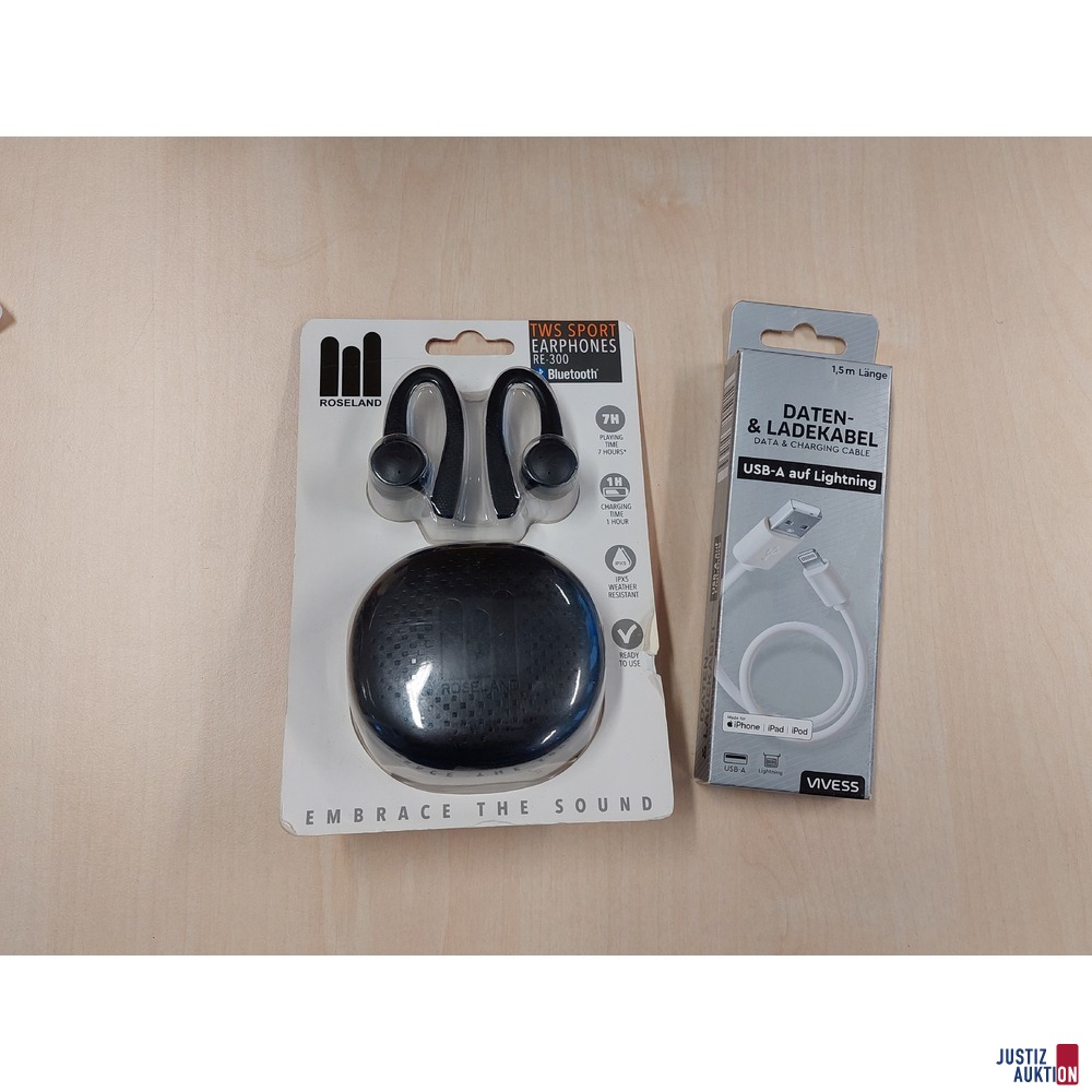 1 Earphones der Marke Roseland TWS Sport RE-300 1 Daten &amp&semi; Ladekabel der Marke VIVESS L&auml;nge 1&comma;5 m