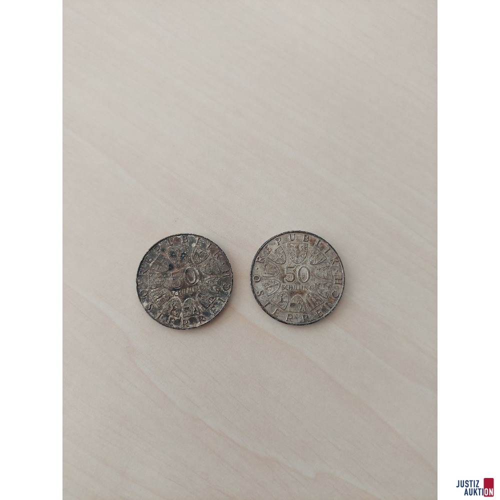 2 Silbermünzen ATS 50,-- Feingehalt 900 Silber Gesamtgewicht 40 g ​​​​​​​Metallwert: € 23,00
