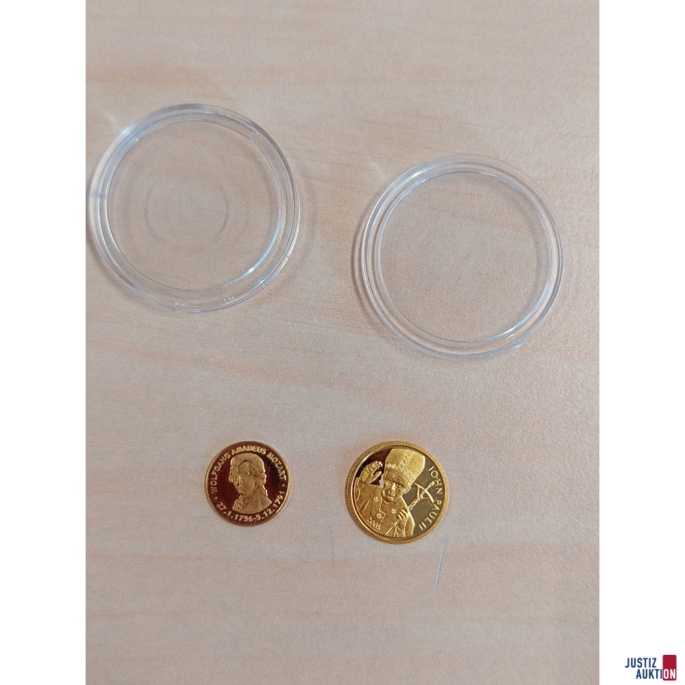 1 Samoa Gold 10 Dollar 2005 Motiv Johannes Paul II 1&sol;25 Unze dazu 1 Medaille Wolfgang Amadeus Mozart