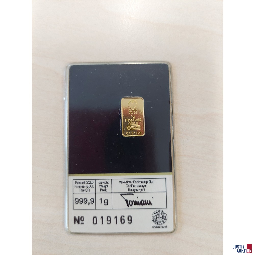 M&uuml;nze &Ouml;sterreich Goldbarren Nr&period; 19169&comma; 1 g