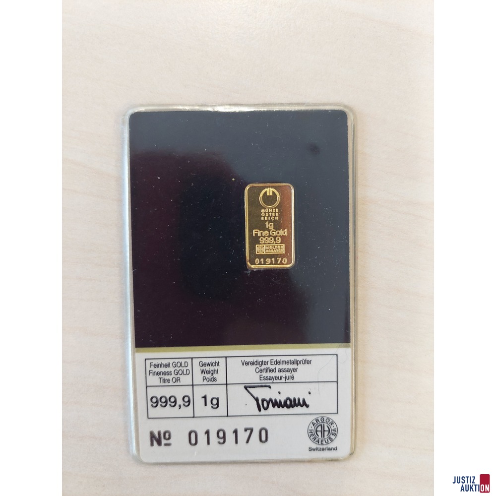 M&uuml;nze &Ouml;sterreich Goldbarren Nr&period; 19170&comma; 1 g