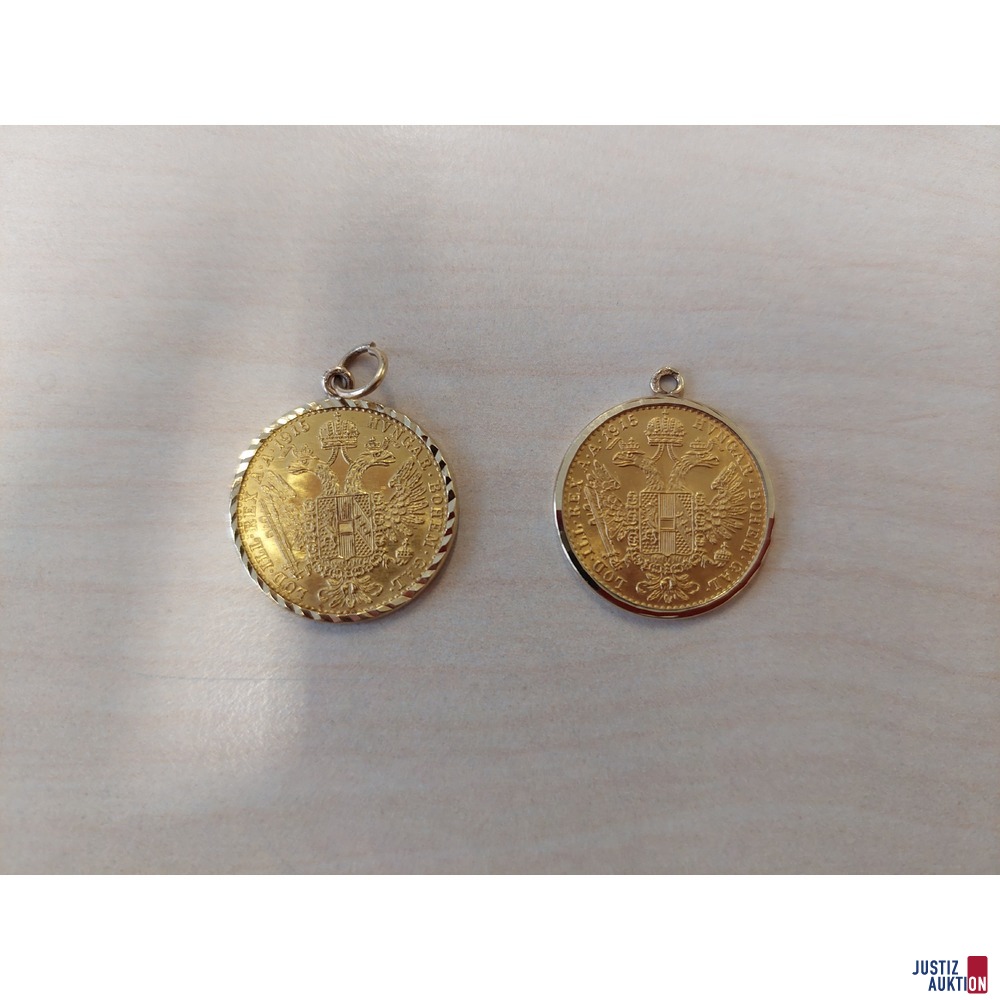 2 St&uuml;ck Einfache Dukaten 1915 Nachpr&auml;gung im Schmuckfassung