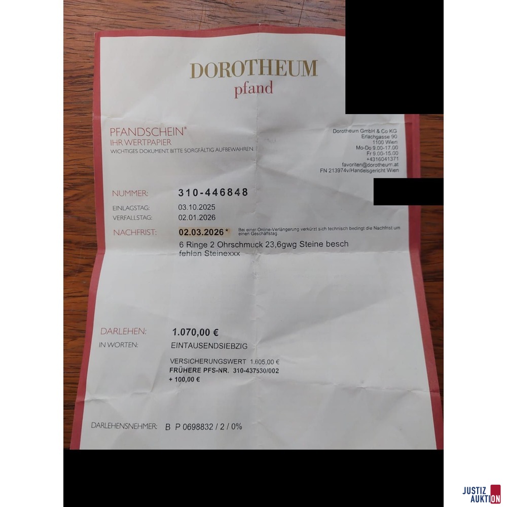 Ein Pfandschein des Dorotheums Wien