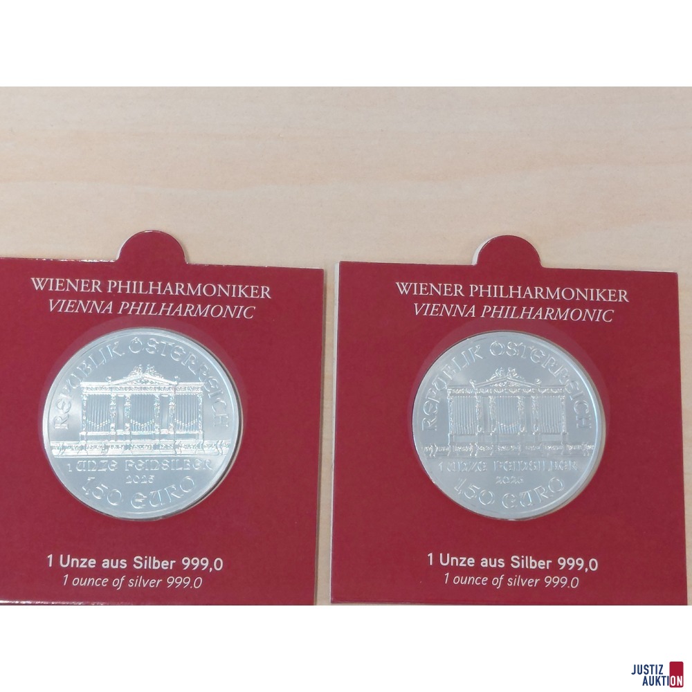 2 Stück 1 Unze Wiener Philharmoniker Silber Jahrgang 2025 in Original Blister