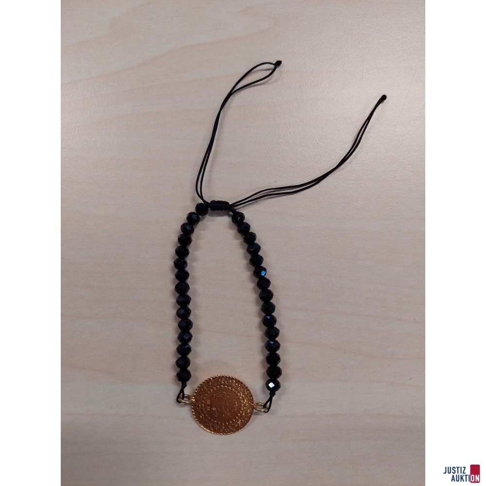 Münze an Armband aus schwarzen Schmucksteinen, 916 ‰ Gelbgold 2,5 g