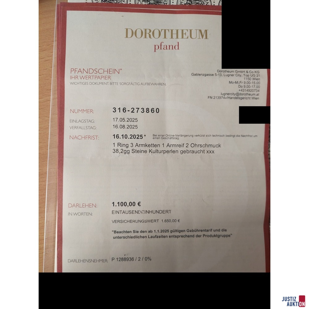 Ein Pfandschein des Dorotheums Wien