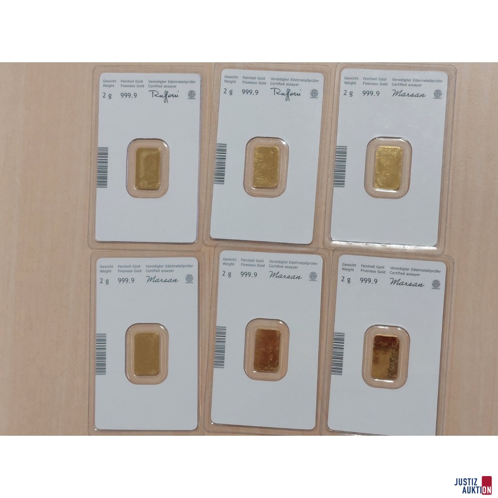 6 Stück Goldbarren Münze Österreich 999,9 ‰ in Blisterverpackung je 2 g