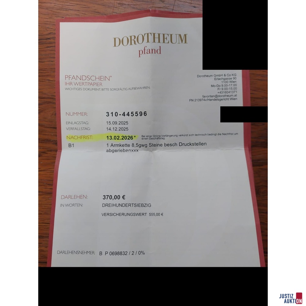 Ein Pfandschein des Dorotheums Wien