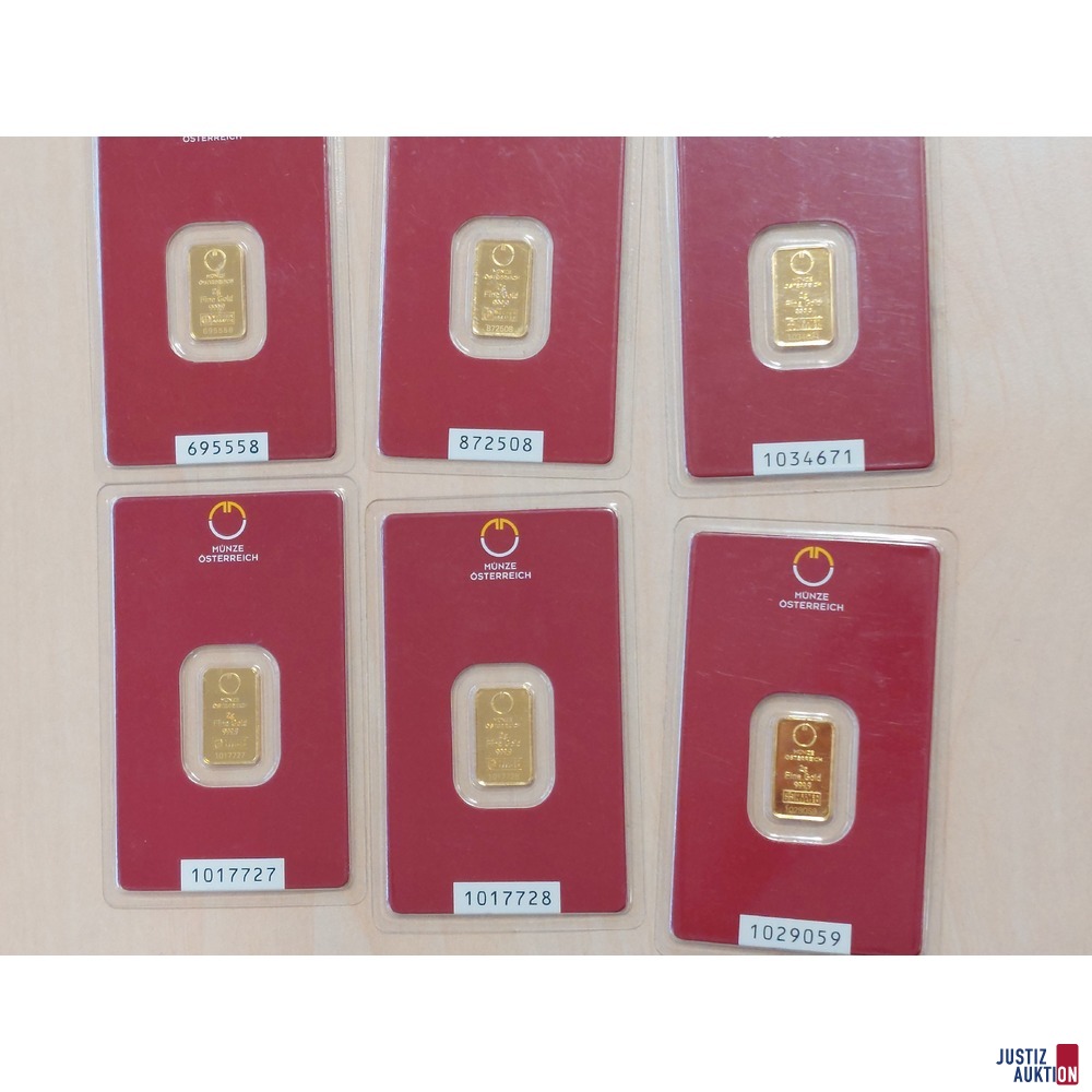 6 Stück Goldbarren Münze Österreich 999,9 ‰ in Blisterverpackung je 2 g