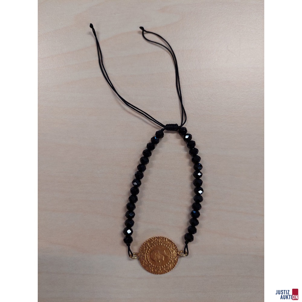 Münze an Armband aus schwarzen Schmucksteinen, 916 ‰ Gelbgold 2,5 g