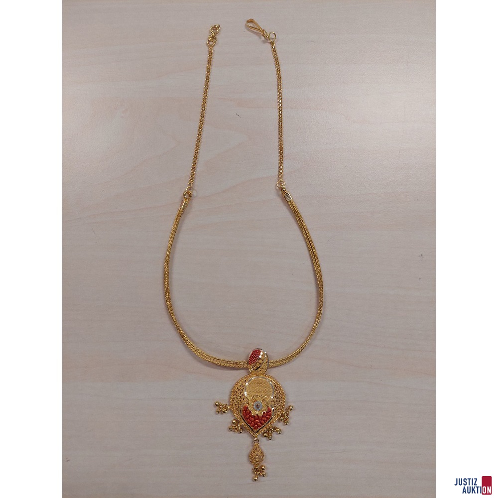 Halskette 585 ‰ Gelbgold punziert Filigranarbeit mit coloriertem Gold 45 cm lang 19,7 g