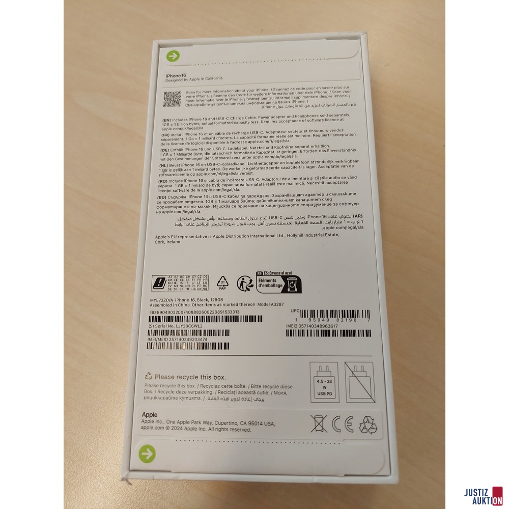 Handy der Marke Apple iPhone 16 Black 128 GB