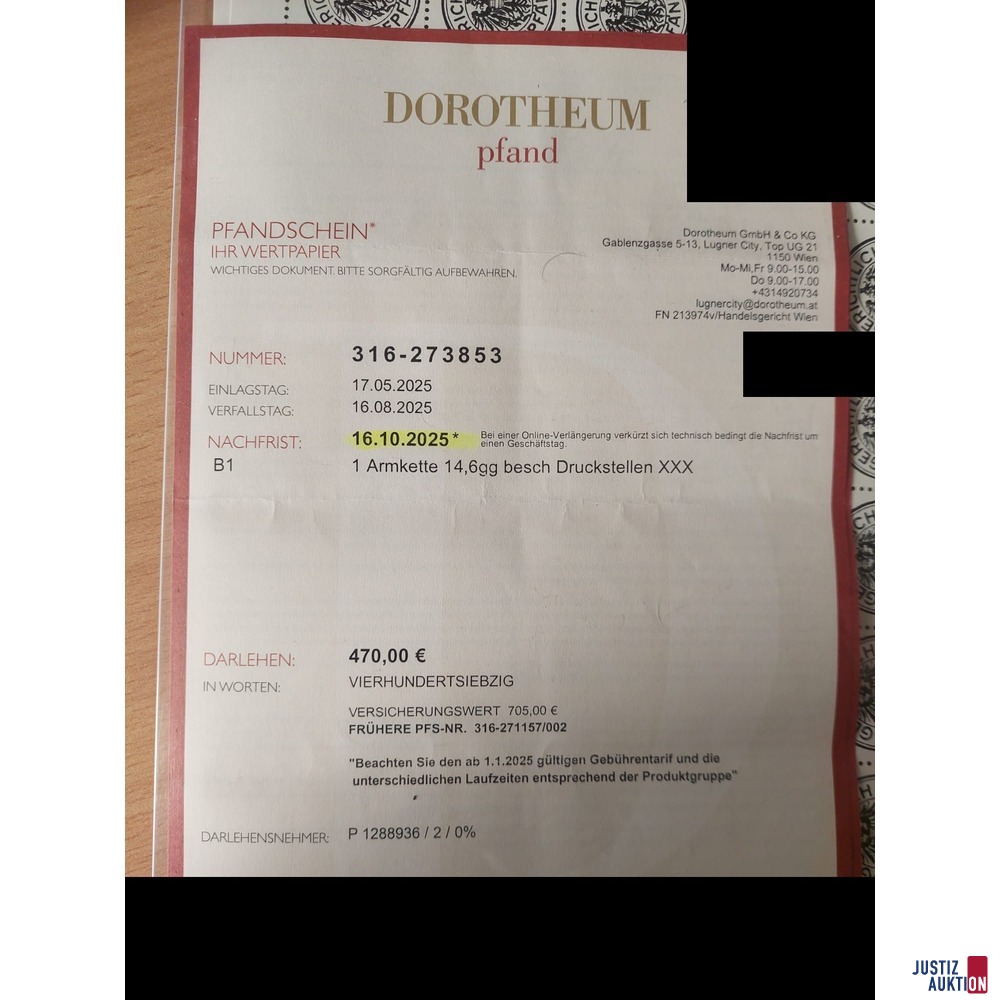 Ein Pfandschein des Dorotheums Wien