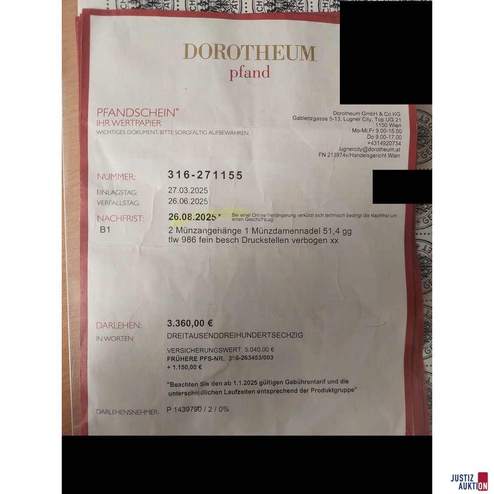 Ein Pfandschein des Dorotheums Wien