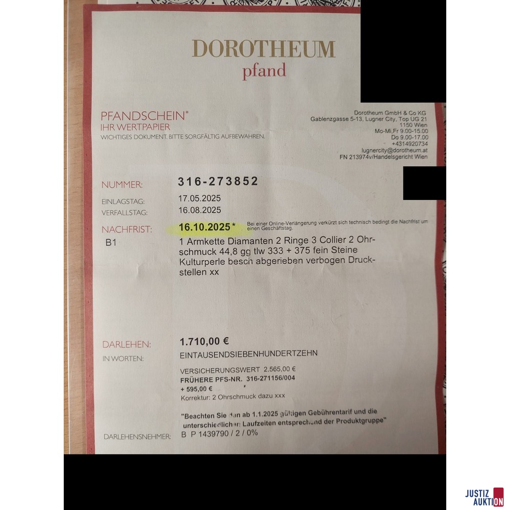 Ein Pfandschein des Dorotheums Wien