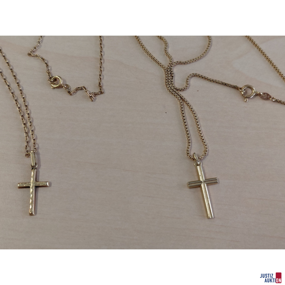 2 Halsketten mit Kreuzanh&auml;ngern 585 &permil; Gelbgold