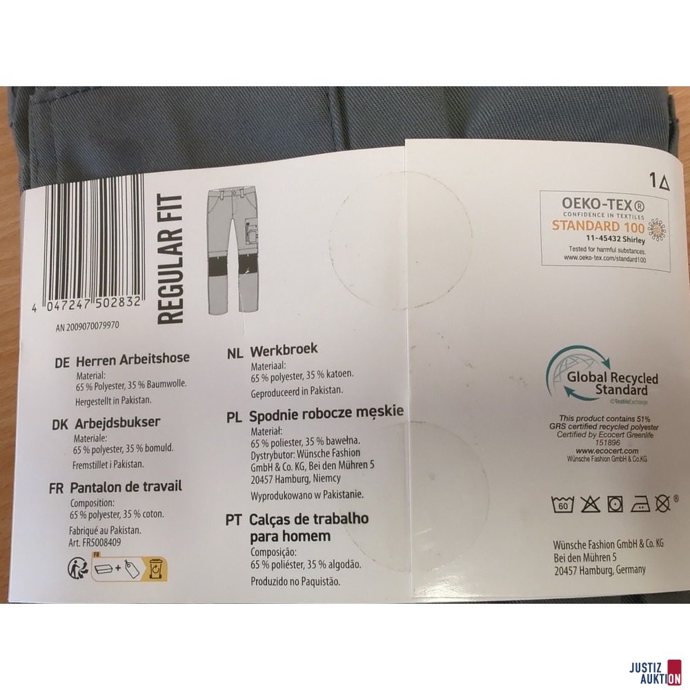 Rückseite Verpackung Hose mit Hinweisen zu Material und Pflege