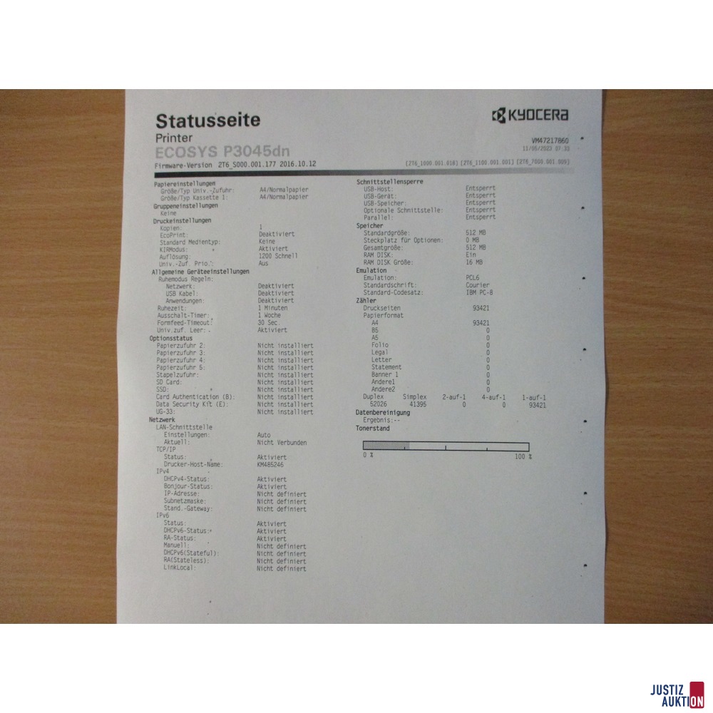 Drucker Kyocera Ecosys P3045dn (Statusseite mit Verunreinigungen)