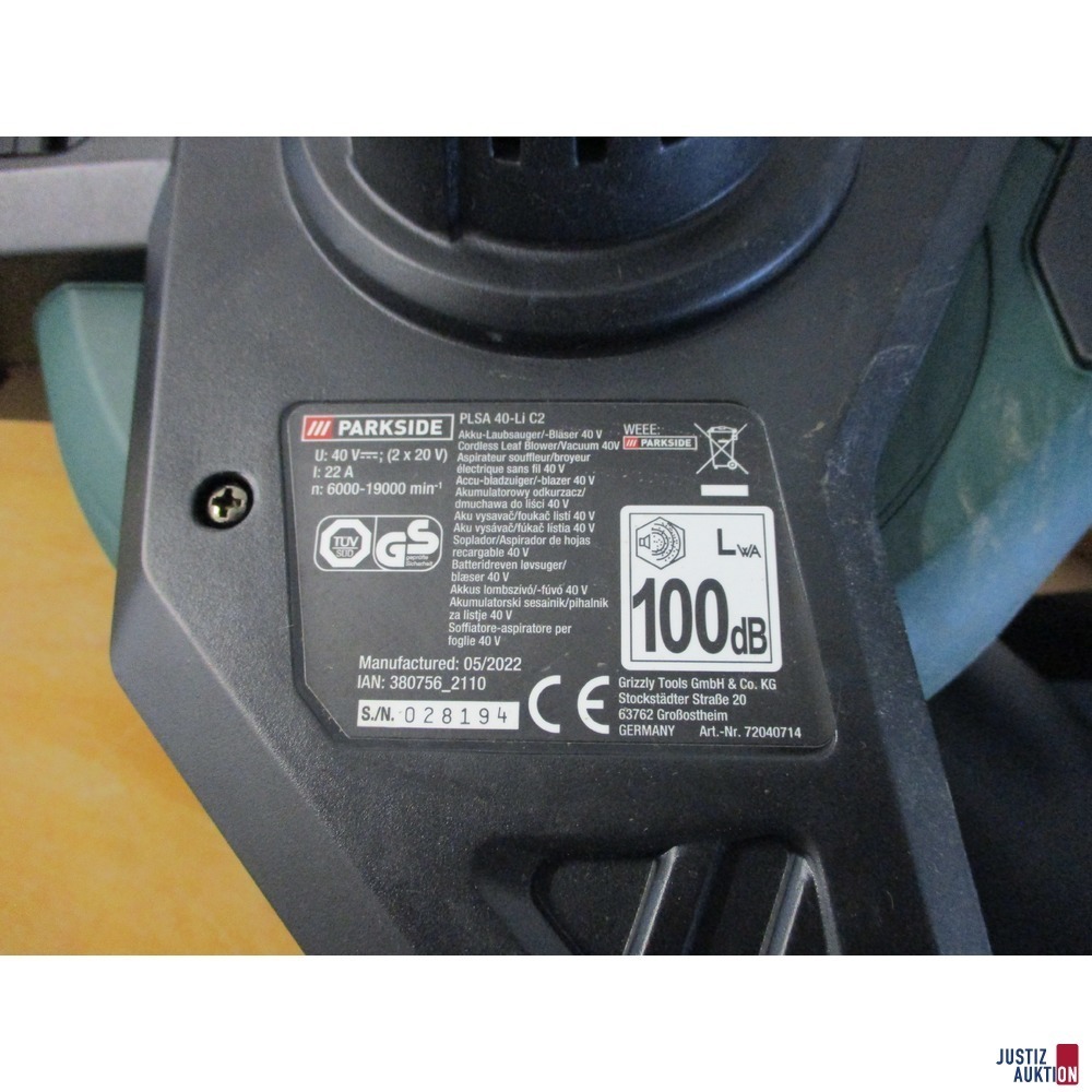 Akku-Laubbl&auml;ser&sol;-sauger Parkside PLSA 40-Li C2 &lpar;Herstellerangaben&rpar;