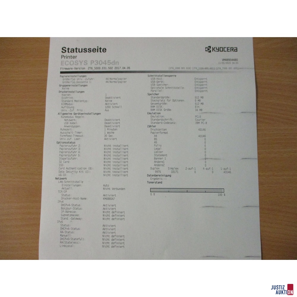 Drucker Kyocera Ecosys P3045 dn (Statusseite mit Verunreinigungen)