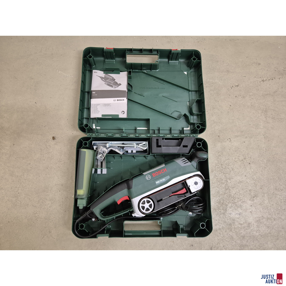 Bandschleifer Bosch PBS 75 AE Set mit Werkzeugkoffer – foto 2 – kavel bij Justiz-Auktion, Brandenburg an der Havel