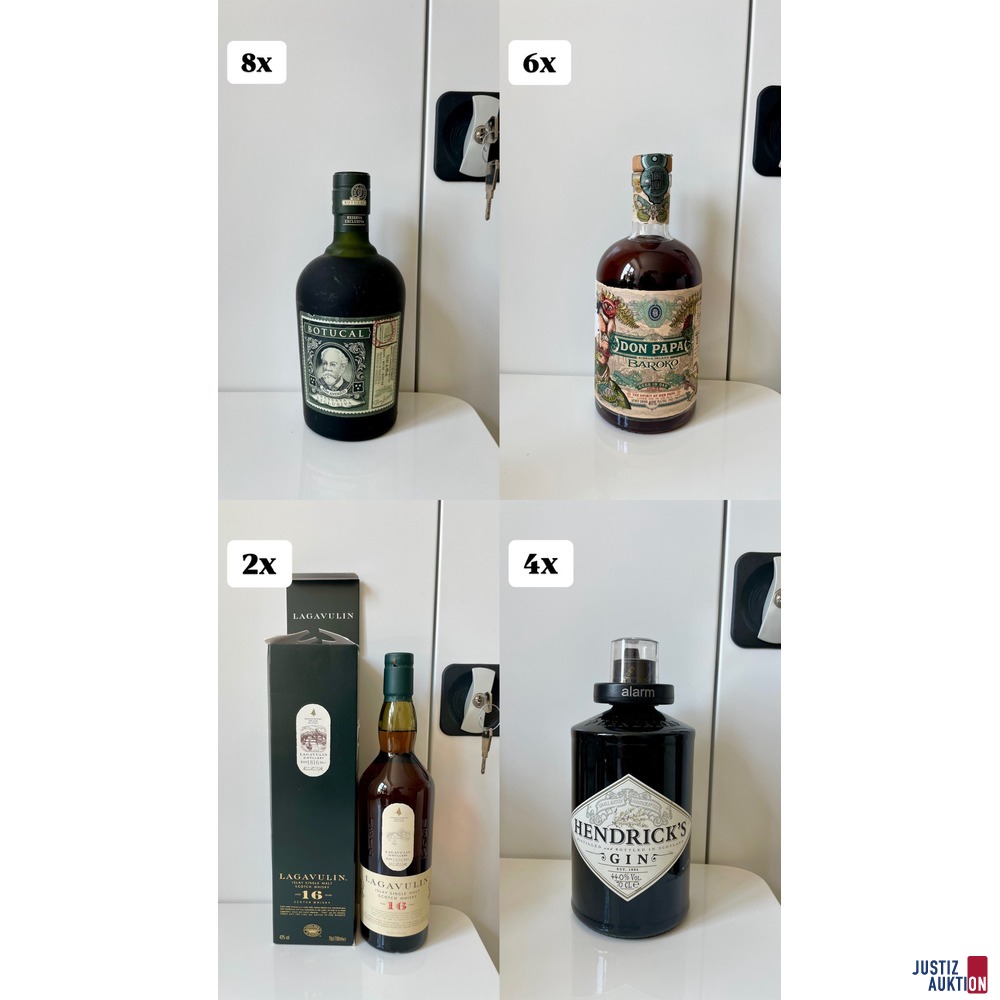 8 x Botucal, 6 Don Papa Baroko, 2 x Lagavulin 16 y, 4 x Hendrick&apos;s Gin,