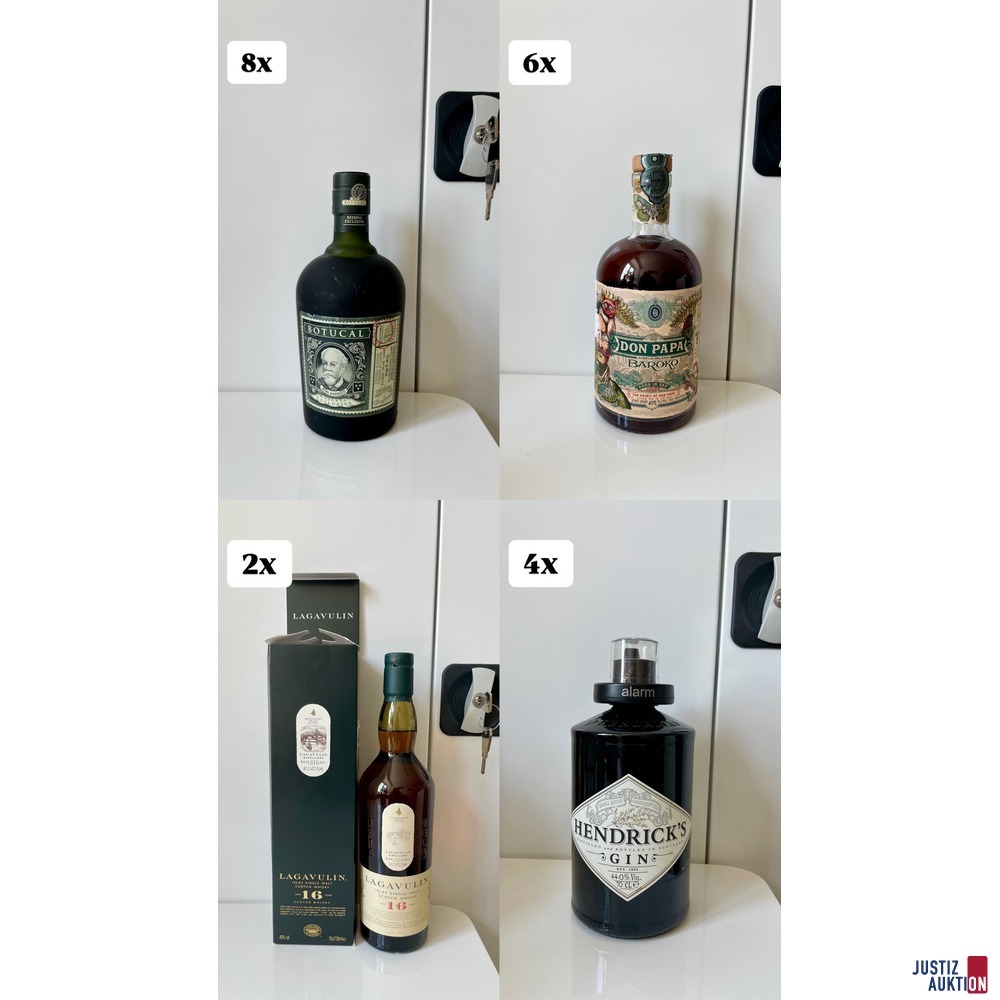8 x Botucal, 6 Don Papa Baroko, 2 x Lagavulin 16 y, 4 x Hendrick&apos;s Gin,