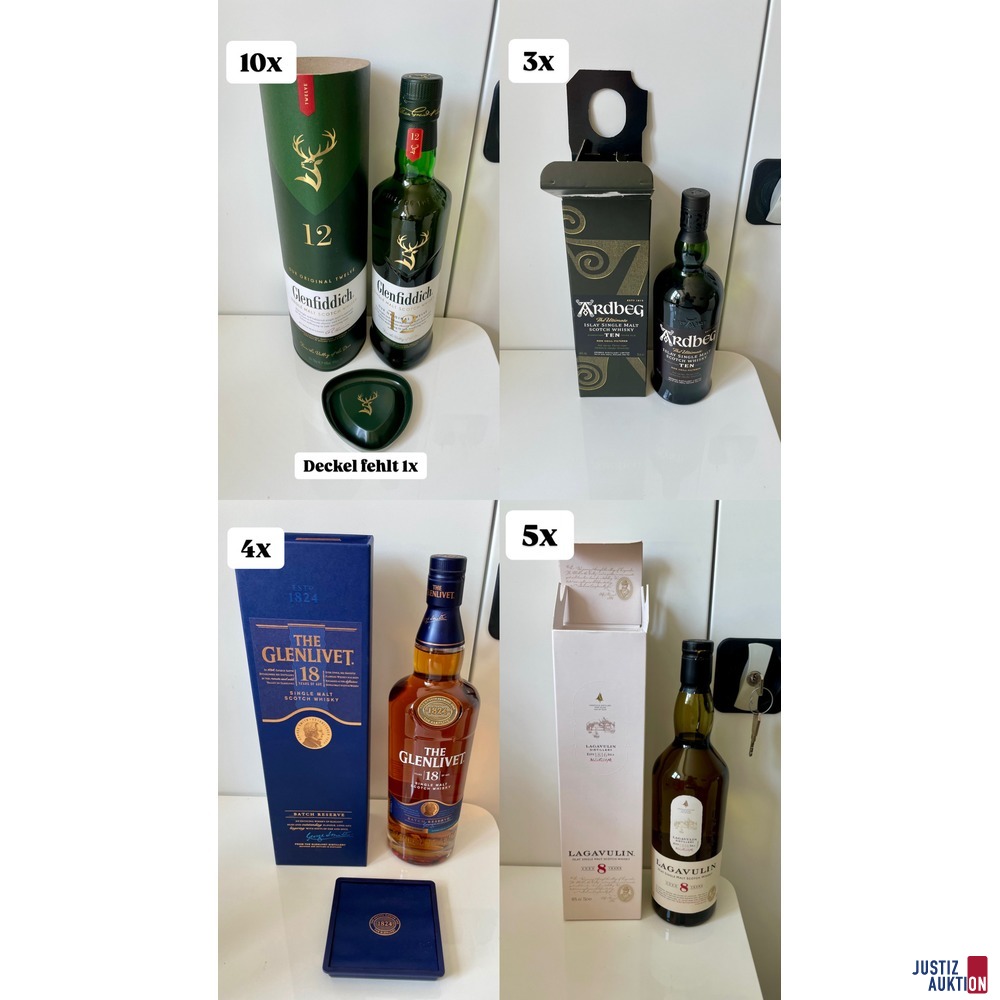 10 x Glenfiddich, 3 x Ardbeg, 4 x Glenlivet, 5 x Lagavulin
