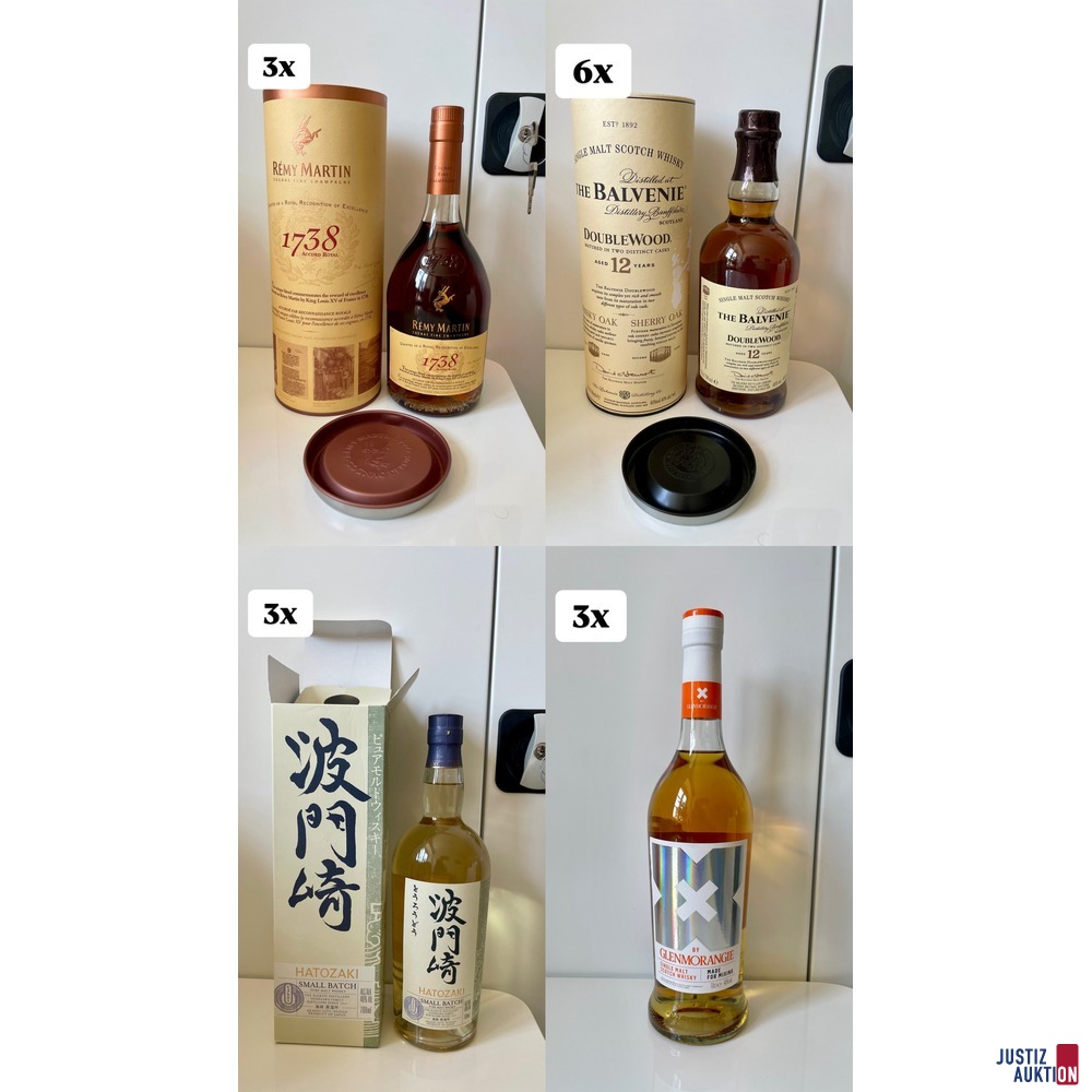 3 x Remy Martin 1738, 6 x The Balvenie, 3 x Hatozaki, 3 x Glenmorangie
